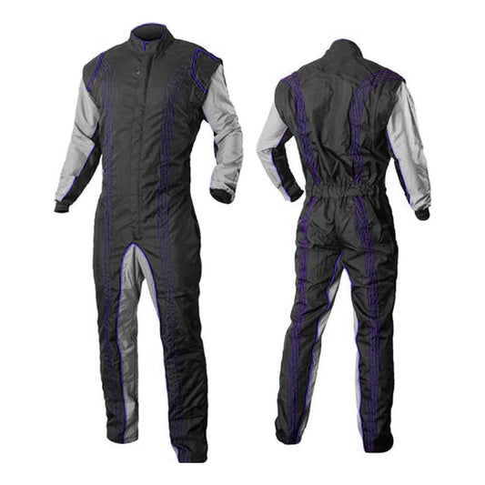 A Kart Racing Suit for Men/Women in black with blue accents, designed for comfort and safety, showing front and back views.