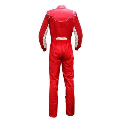 Rear view of kart racing streamlined suit highlighting airflow-enhancing back panel and ergonomic waistline.