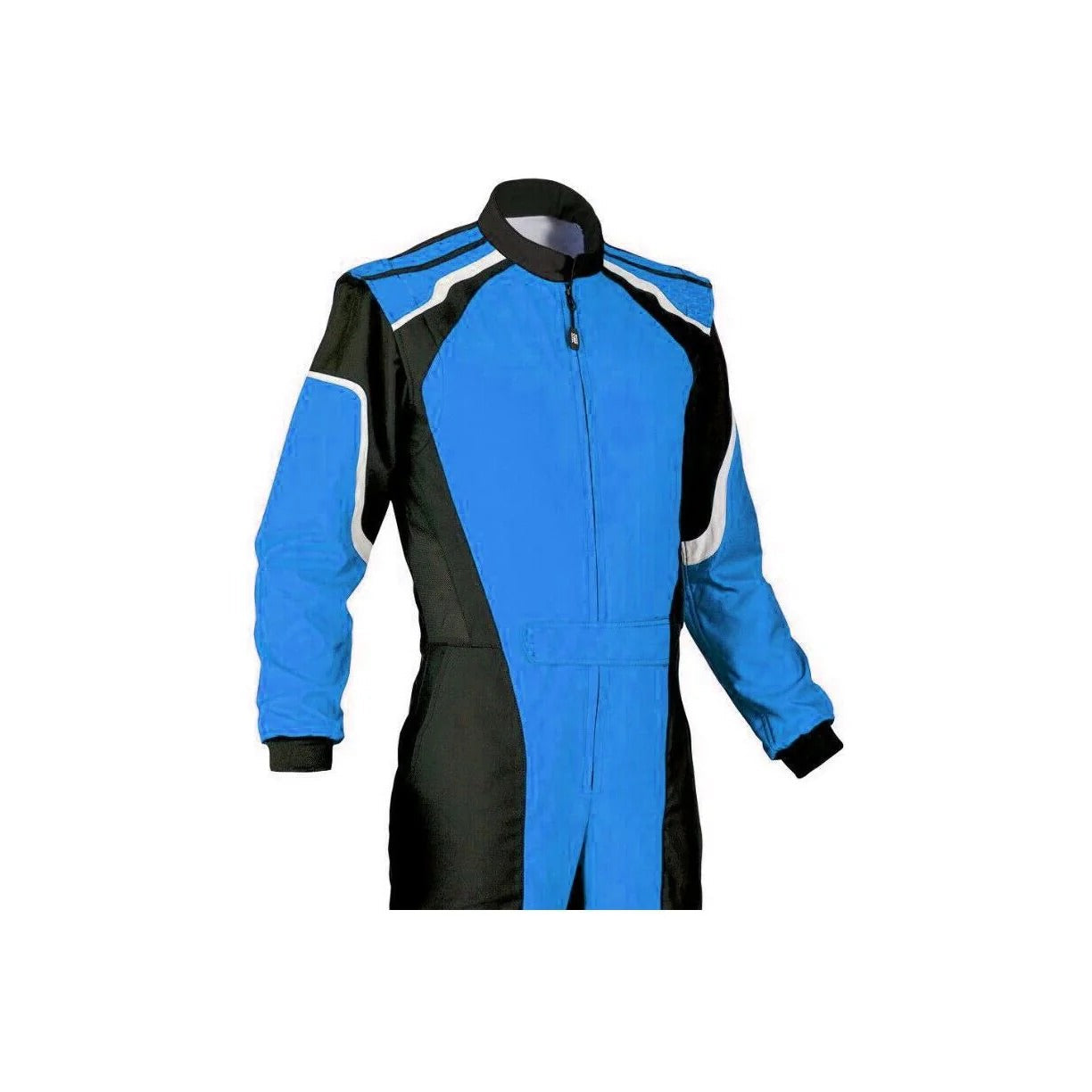 Close Up Front View Of Plain Black & Blue Go Kart Racing Suit