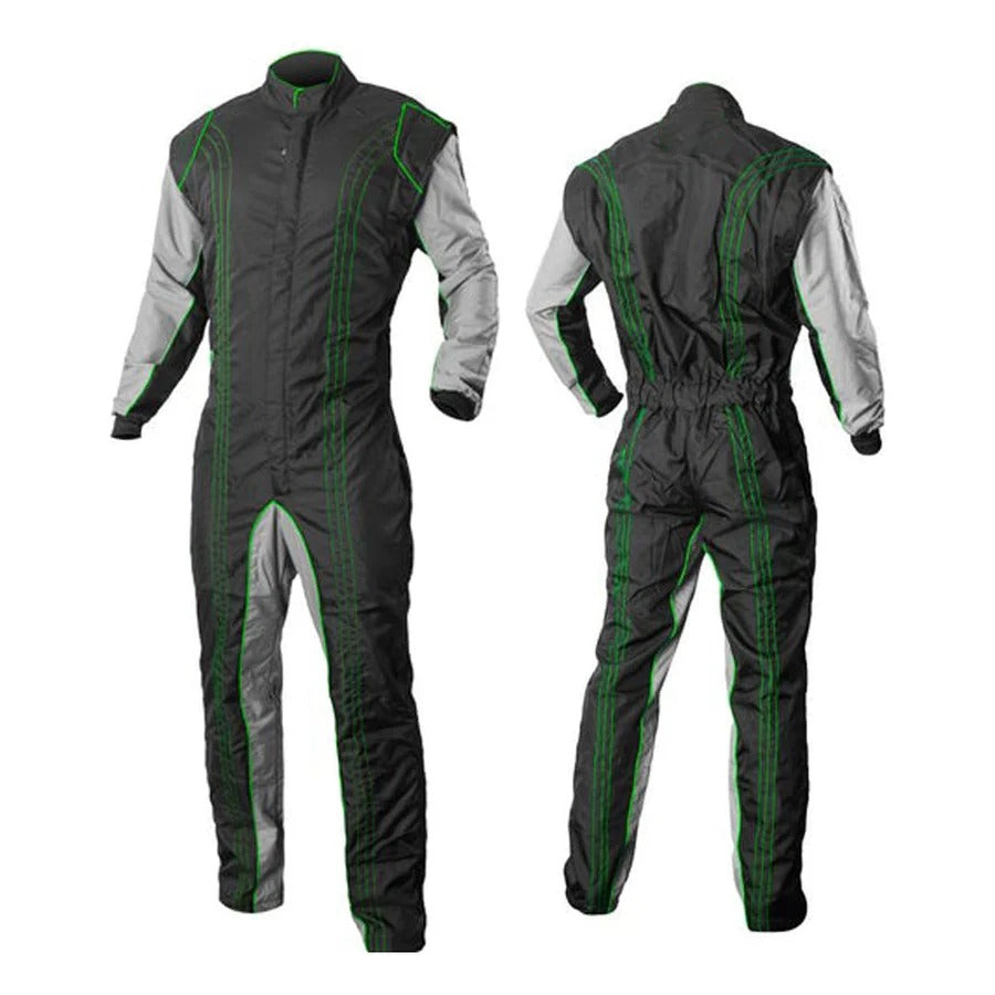 A karting race suit featuring a one-piece design with black and gray colors and green accents, including a full zip and elasticated cuffs.