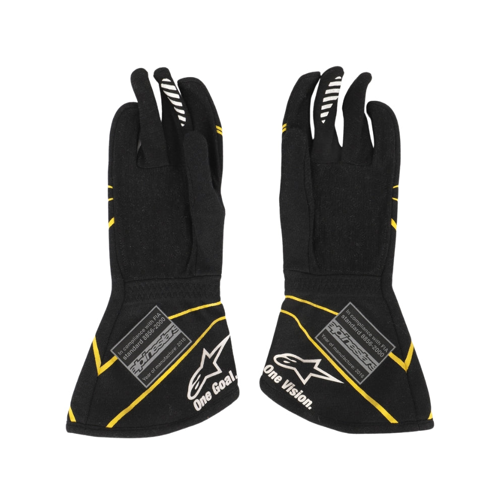 Kevin Magnussen 2016 Black F1 racing gloves with yellow accents and visible branding on a white background
