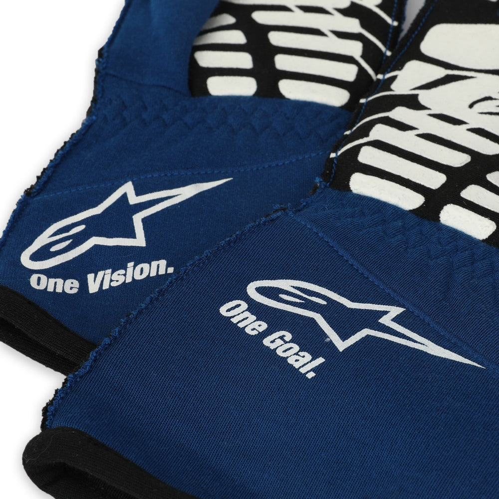Kevin Magnussen 2022 F1 Racing Gloves Blue protective gear with 'one Vision' and 'One Goal' text and logo on a white background