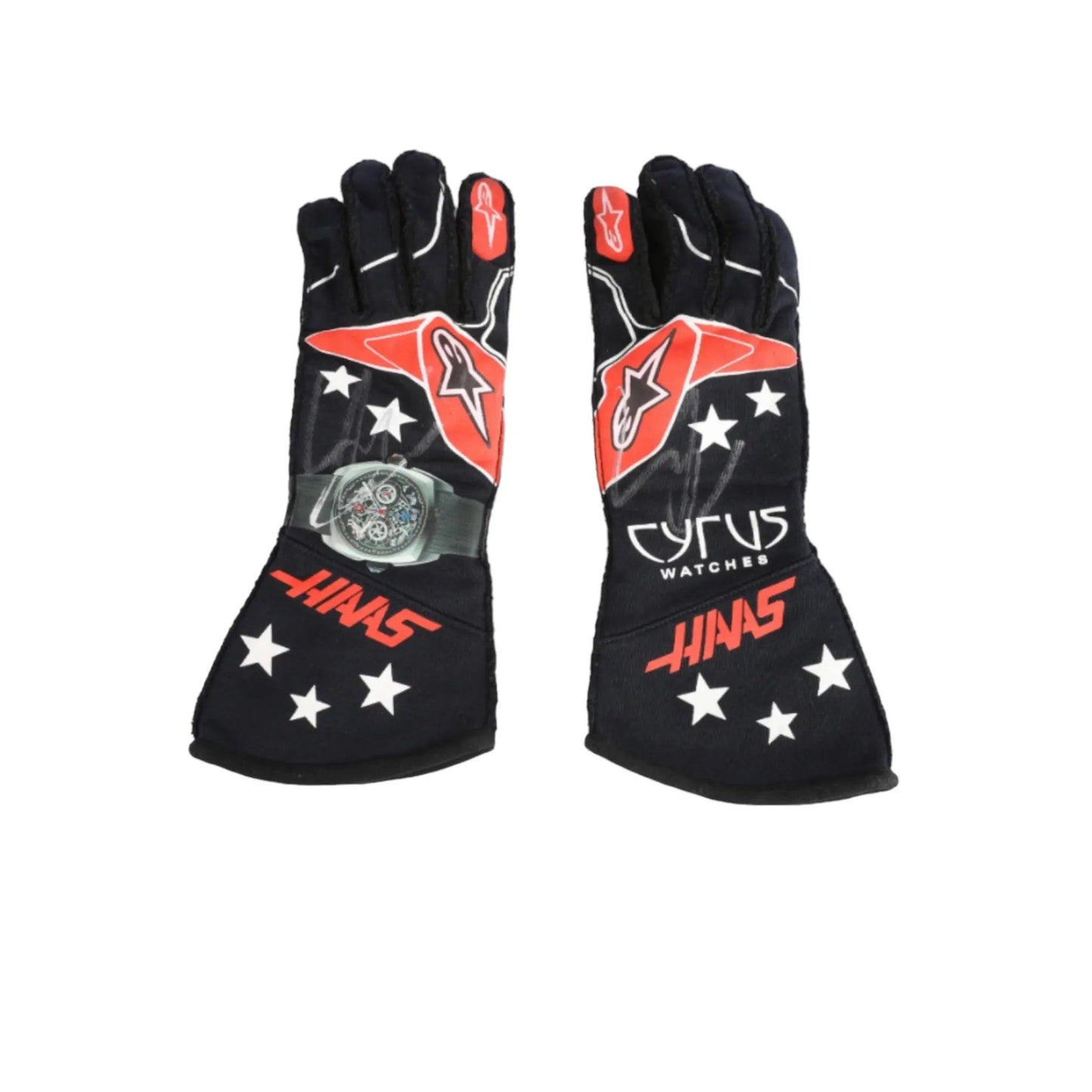 Black Kevin Magnussen 2022 F1 racing gloves with red and white accents on a white background