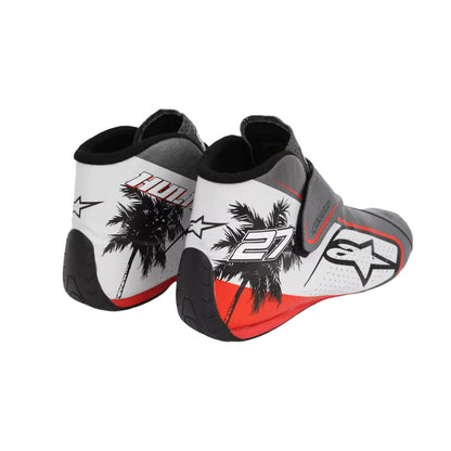 Pair of Kevin Magnussen 2023 Miami GP F1 Racing shoes with palm tree design and brand logo on a white background