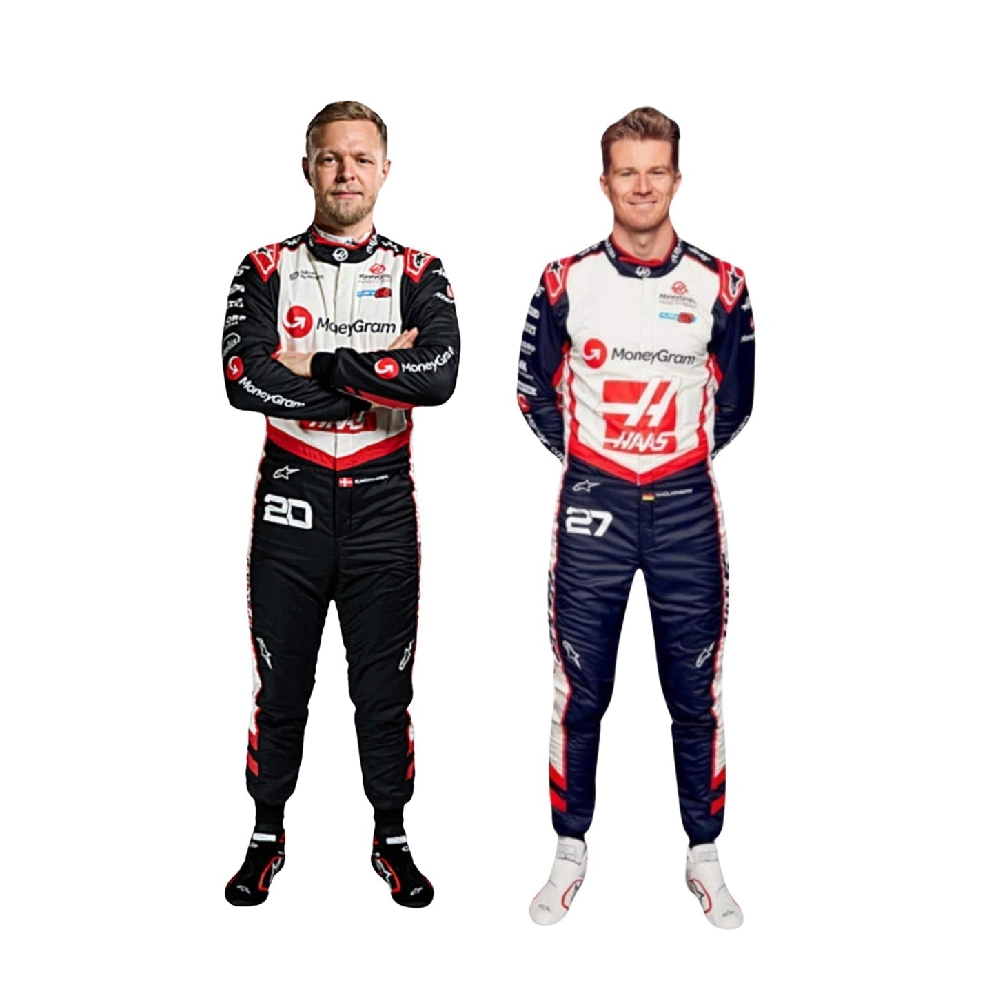 Front view of Kevin Magnussen's and Nico Hulkenberg 2024 F1 racing suit in red, white, and black, showcasing a modern design with sponsor logos.