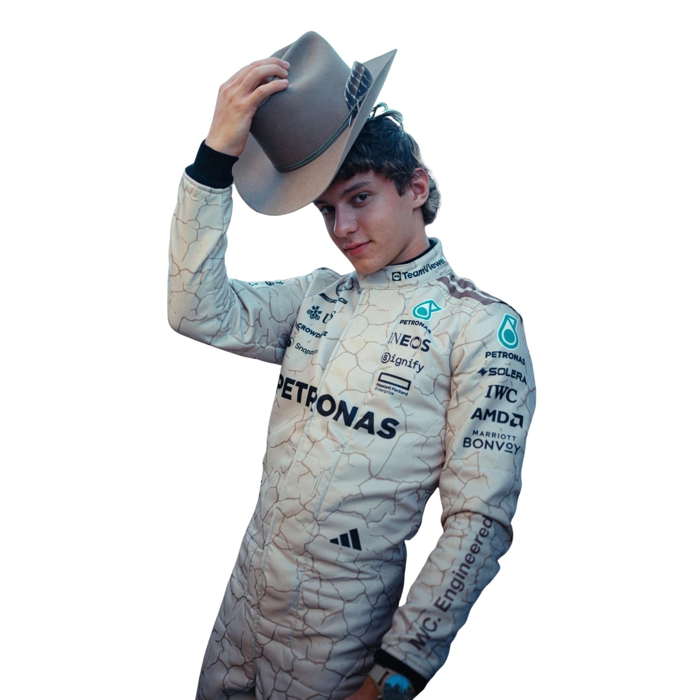 Detailed stitching and logo work on Kimi Andrea Antonelli 2025 USA Austin GP is inspired by the Mojave Desert racing suit.