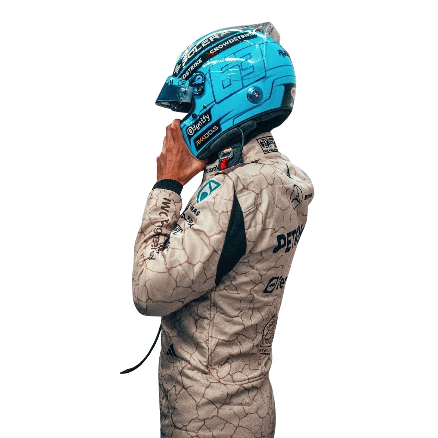 Back design of Kimi Andrea Antonelli 2025 USA Austin GP is inspired by the Mojave Desert racing suit with sponsor layout