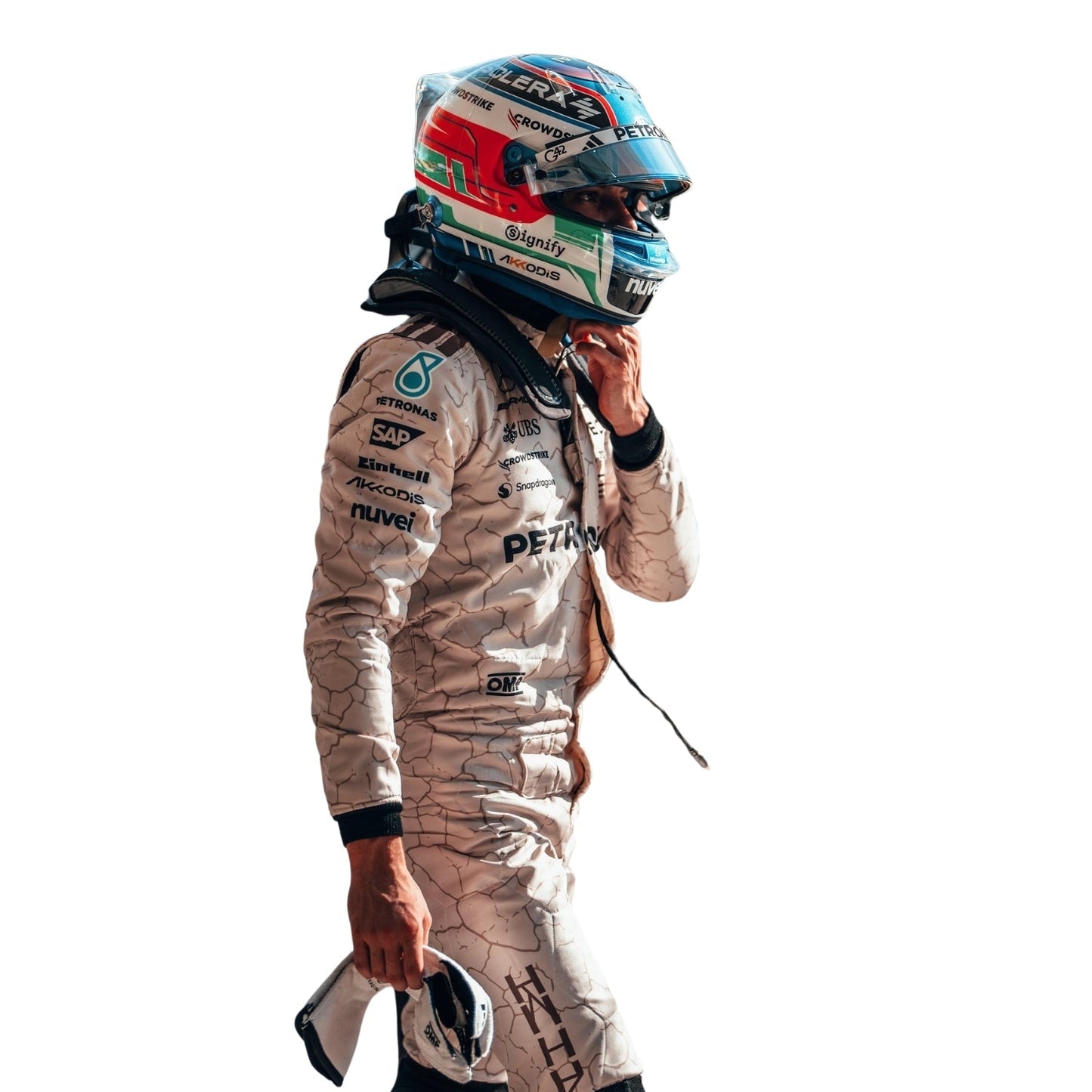 Side profile of Kimi Andrea Antonelli 2025 Austin GP F1 racing suit showing the suit is inspired by the Mojave Desert.