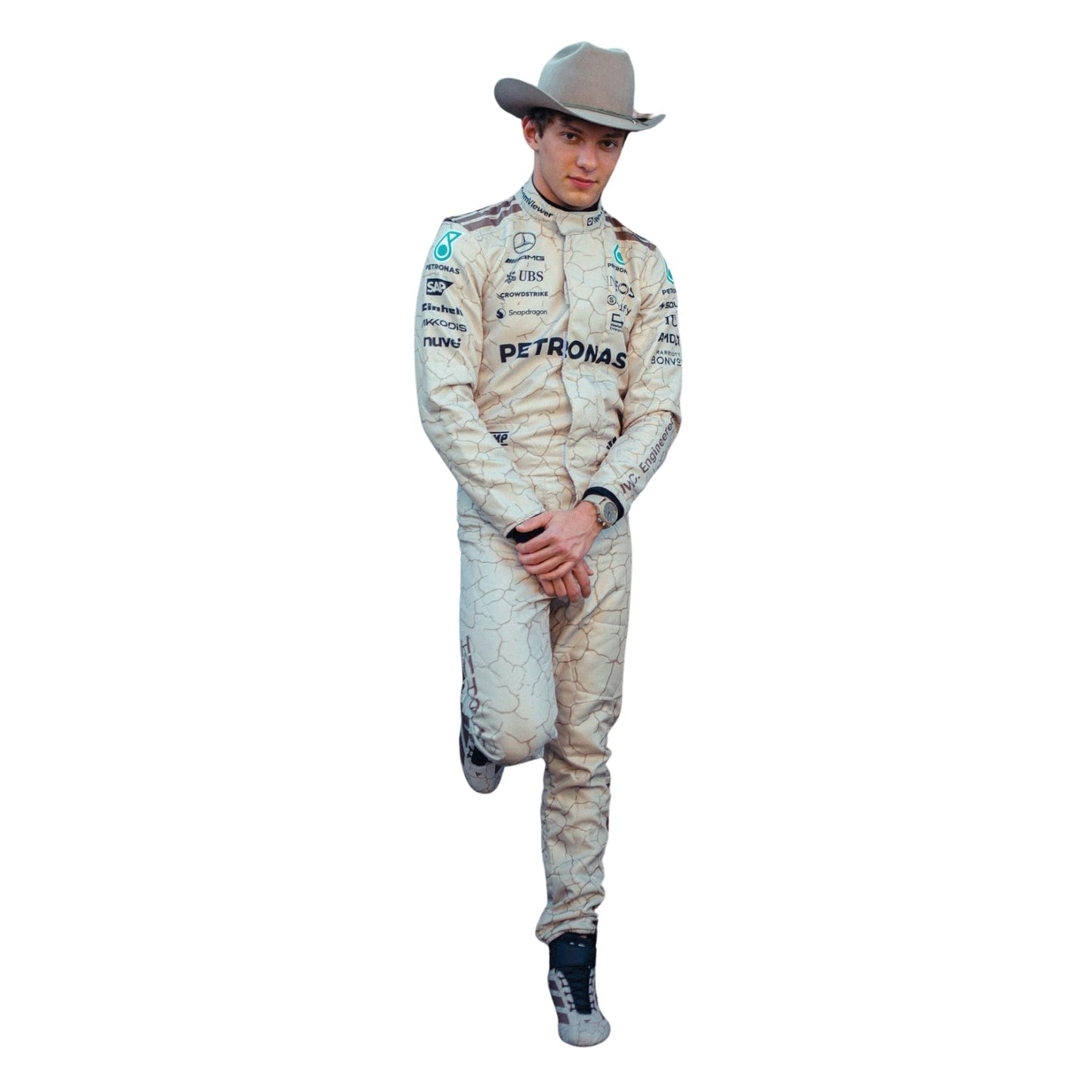 Kimi Andrea Antonelli 2025 USA Austin GP metallic silver and black F1 racing suit front view is inspired by the Mojave Desert.