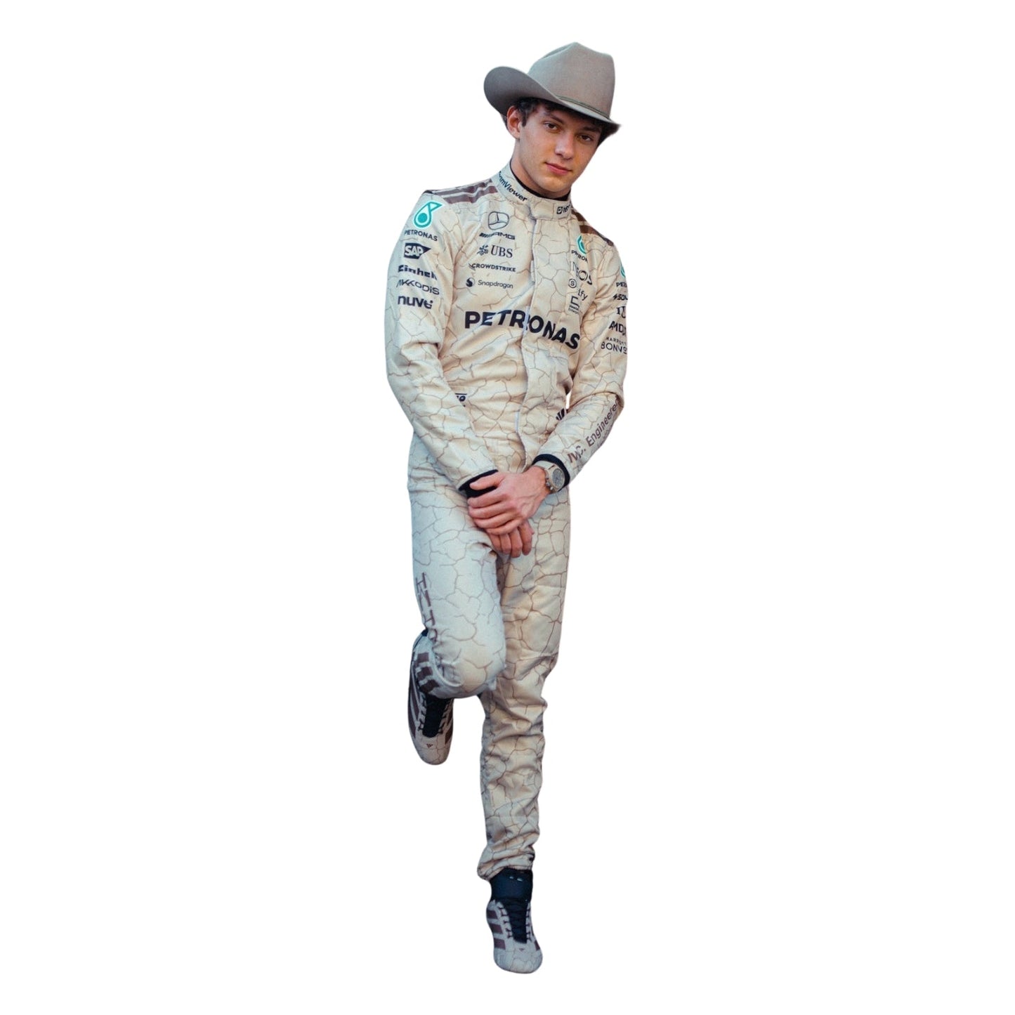 Kimi Andrea Antonelli 2025 USA Austin GP metallic silver and black F1 racing suit front view This suit is inspired by the Mojave Desert.