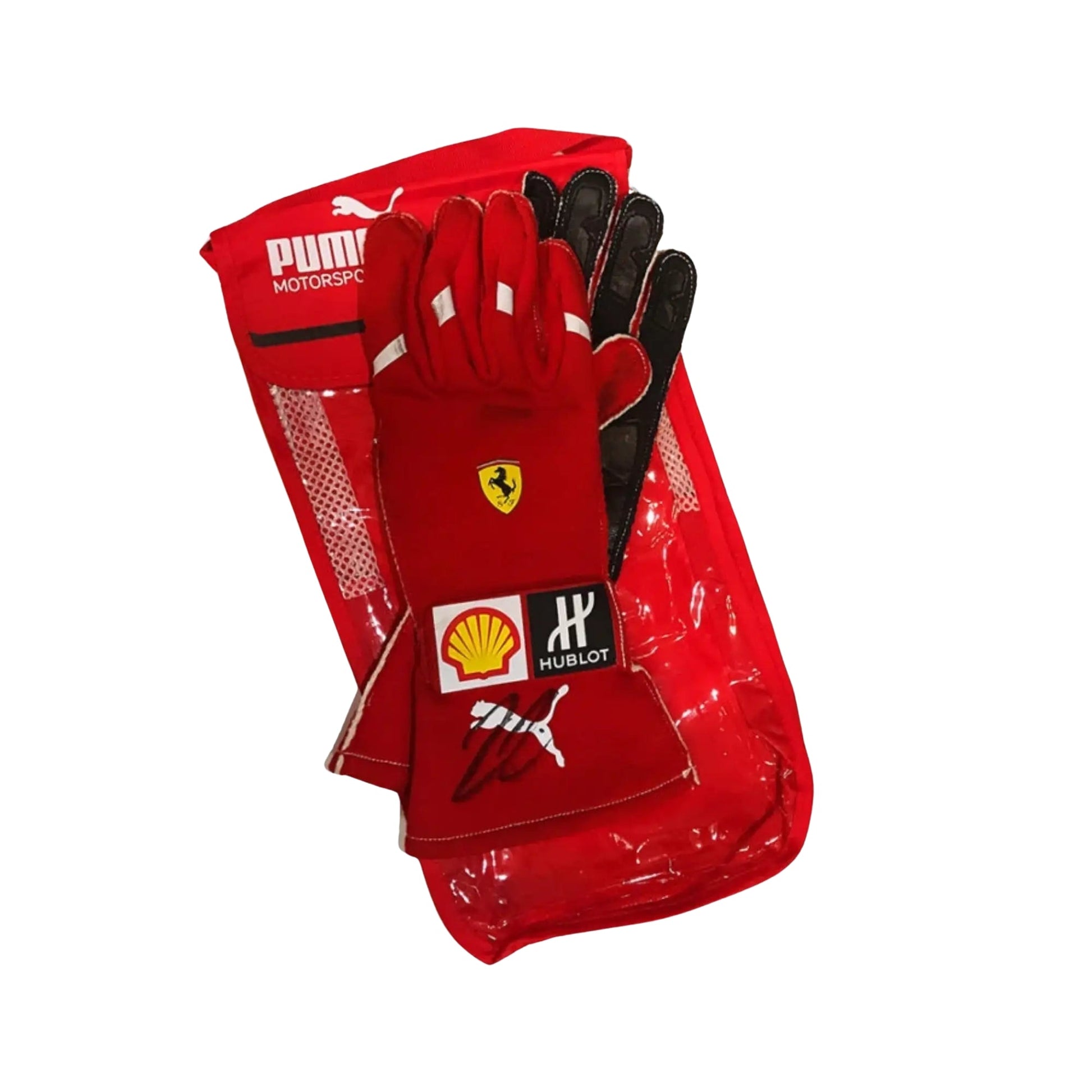 Red Kimi Raikkonen 2018 F1 racing gloves with logos on a white background