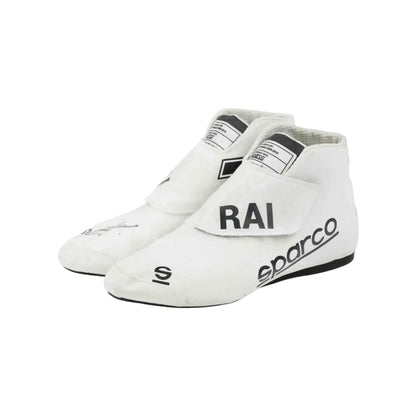 White Kimi Raikkonen 2021 F1 racing shoes with 'Sparco' and 'RAI' branding on a white background