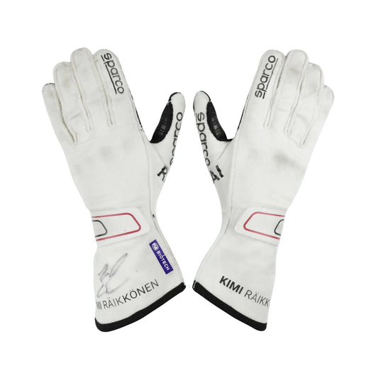 White Kimi Raikkonen 2021 F1 racing gloves with branding on a white background