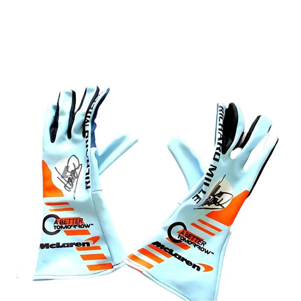 Pair of LANDO NORRIS RARE SPECIAL EDITION GULF F1 Racing gloves with McLaren branding on a white background
