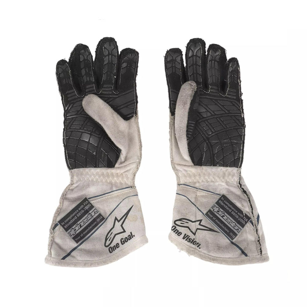 Pair of black and gray Lance Stroll 2017 F1 Racing gloves with visible branding on a white background