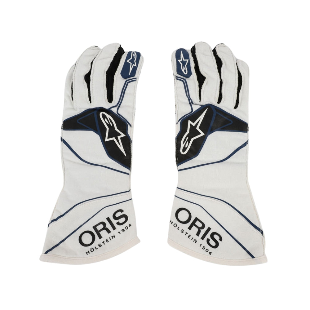 Pair of white Lance Stroll 2018 F1 racing gloves with black and blue accents and 'Oris' branding on a white background.