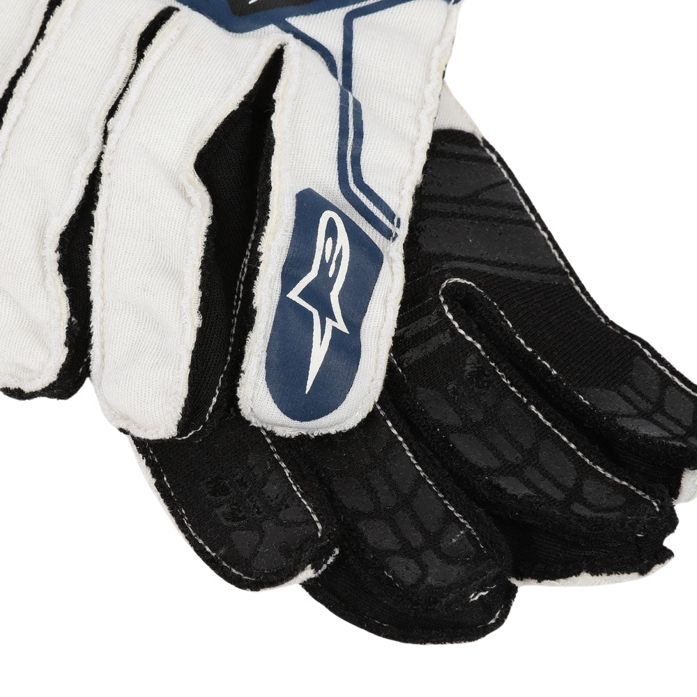 Close-up of a Lance Stroll 2018 white and black F1 racing glove with a blue logo on a white background