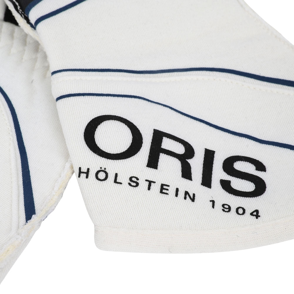 Close-up of a Lance Stroll 2018 white F1 Racing glove with 'Oris' branding on a white background