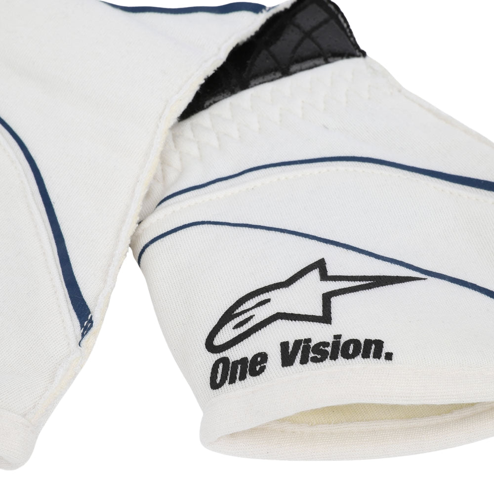 Close-up of a Lance Strol 2018 white F1 Racing protective gear/gloves with 'One Vision' logo on a white background