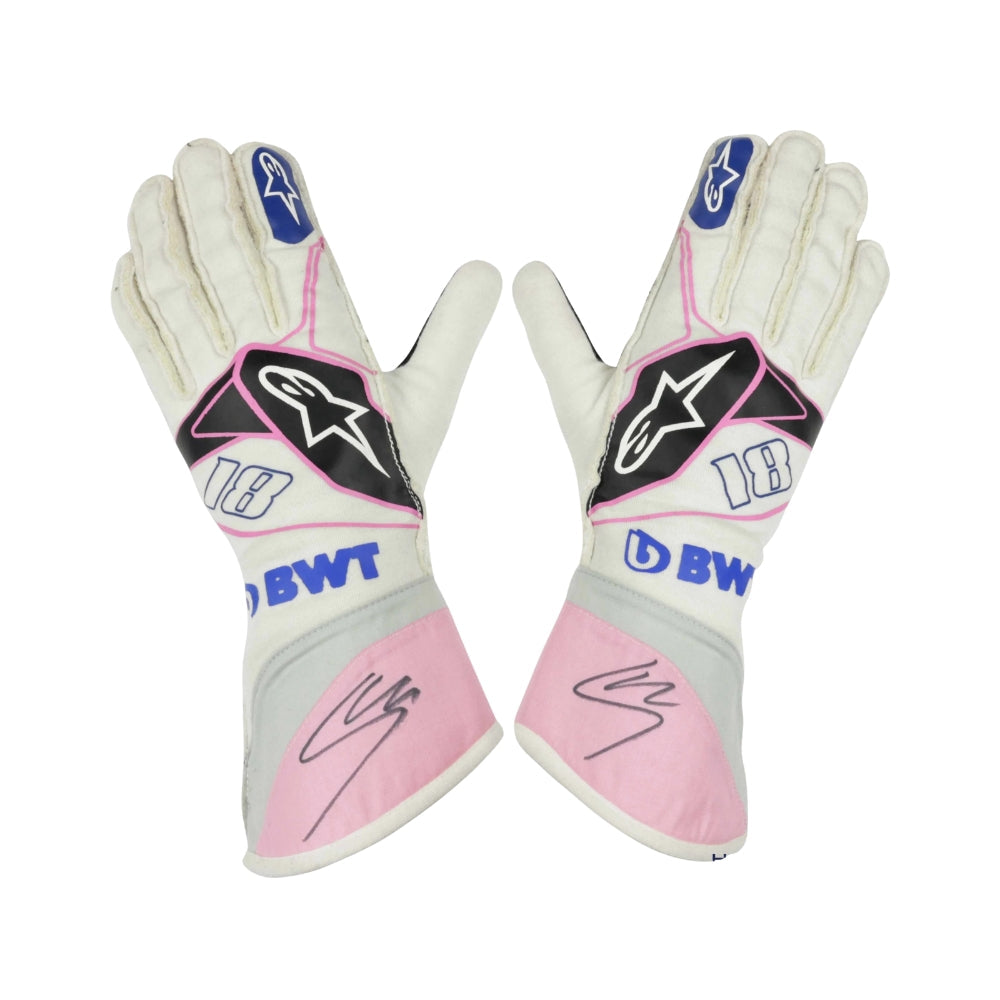 Pair of white and pink Lance Stroll 2019 F1 Racing gloves with visible branding on a white background