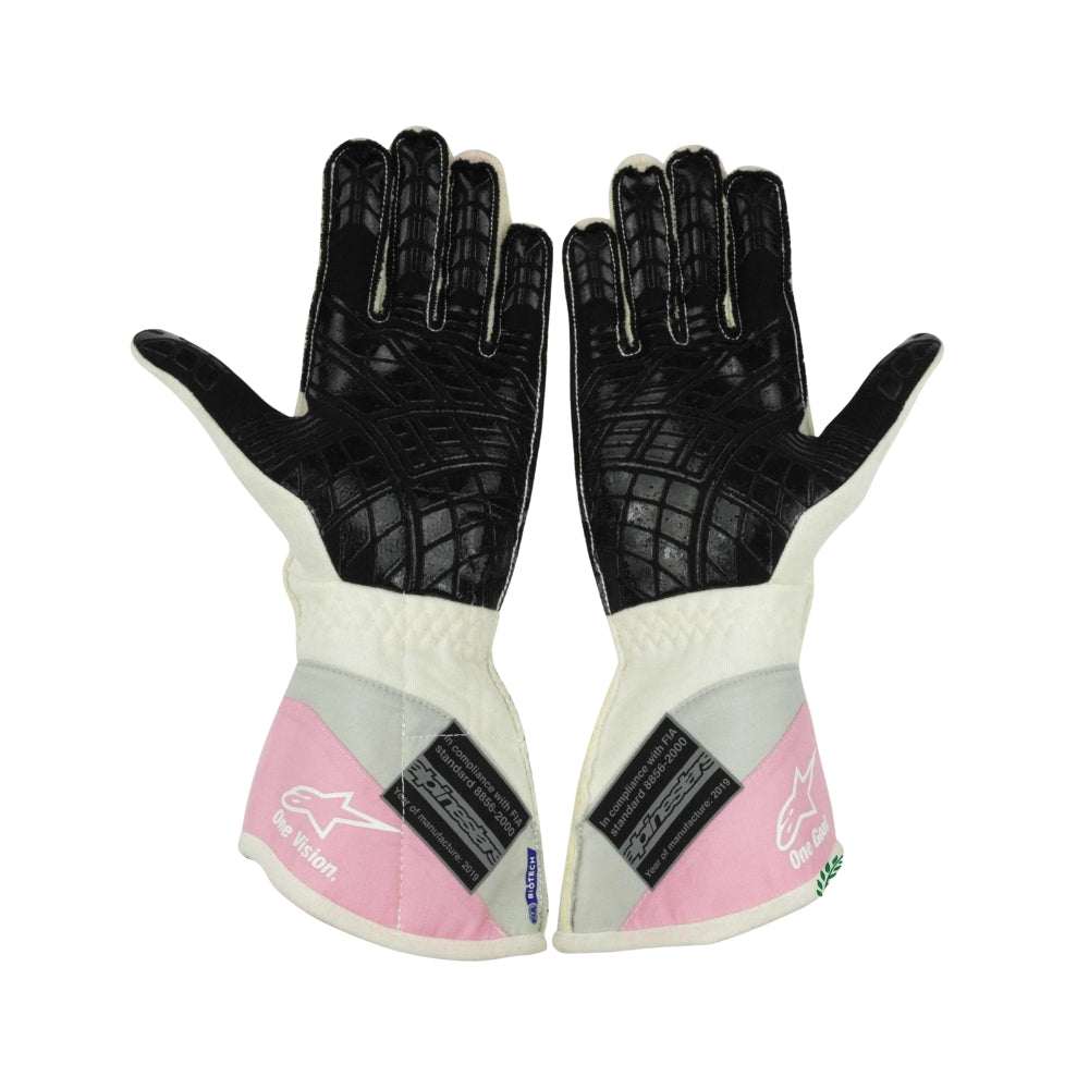 Pair of black and white Lance Stroll 2019 F1 Racing gloves with pink accents on a white background