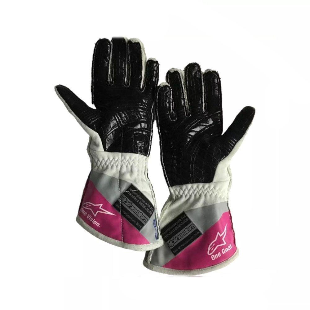 Pair of black and pink Lance Stroll 2020 F1 Racing gloves with a checkered pattern on a white background