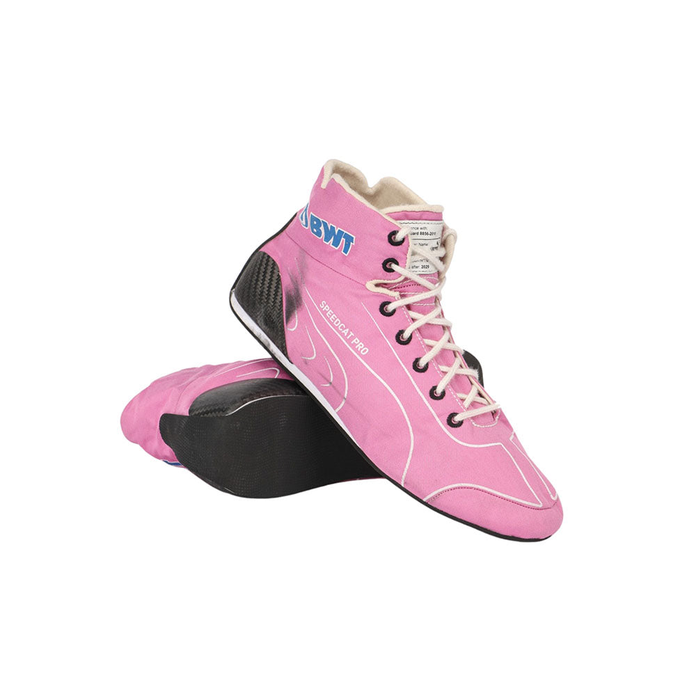 Pink Lance Stroll 2020 F1 racing shoes with white laces on a white background