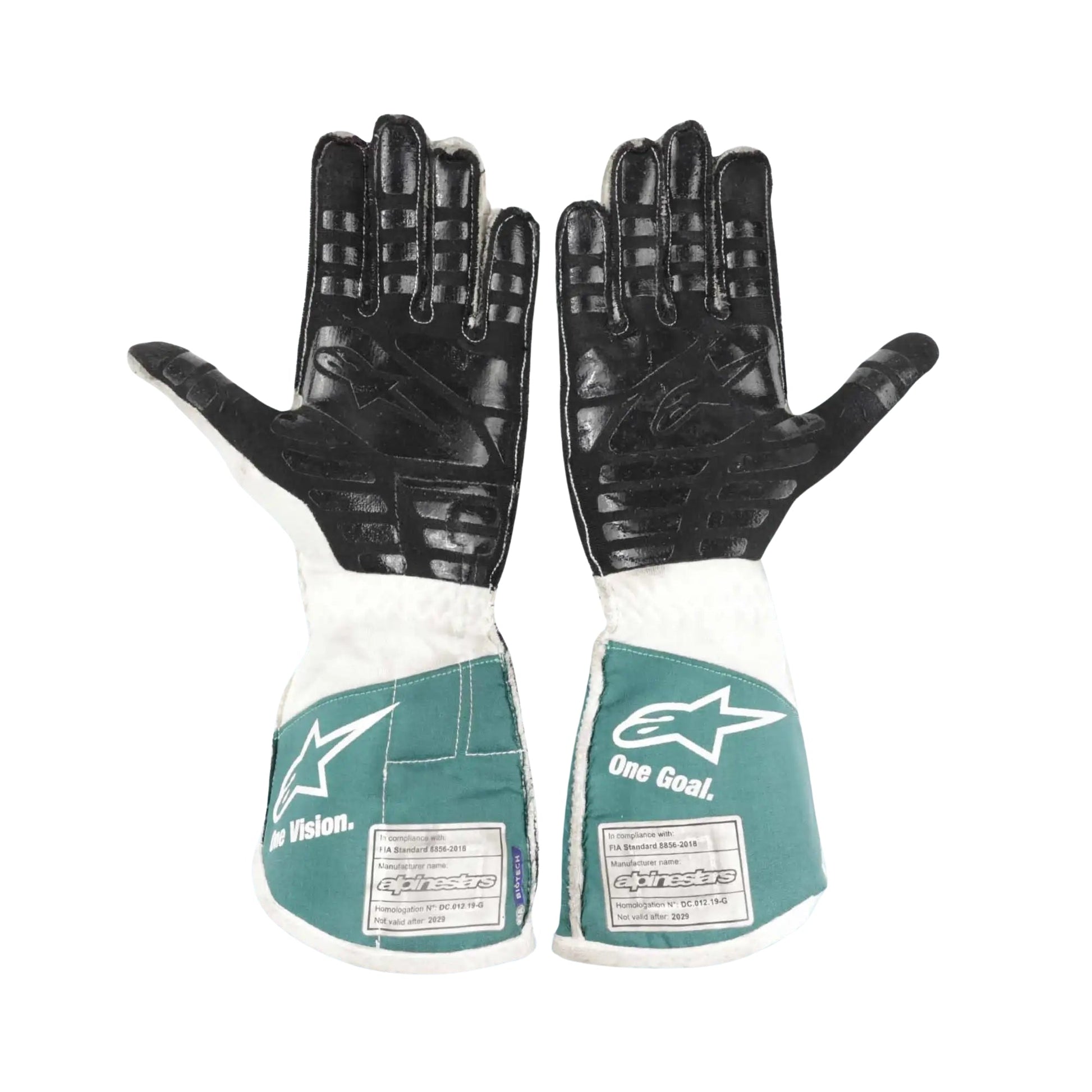 Pair of black and teal Lance Stroll 2021 F1 Racing gloves with visible branding on a white background