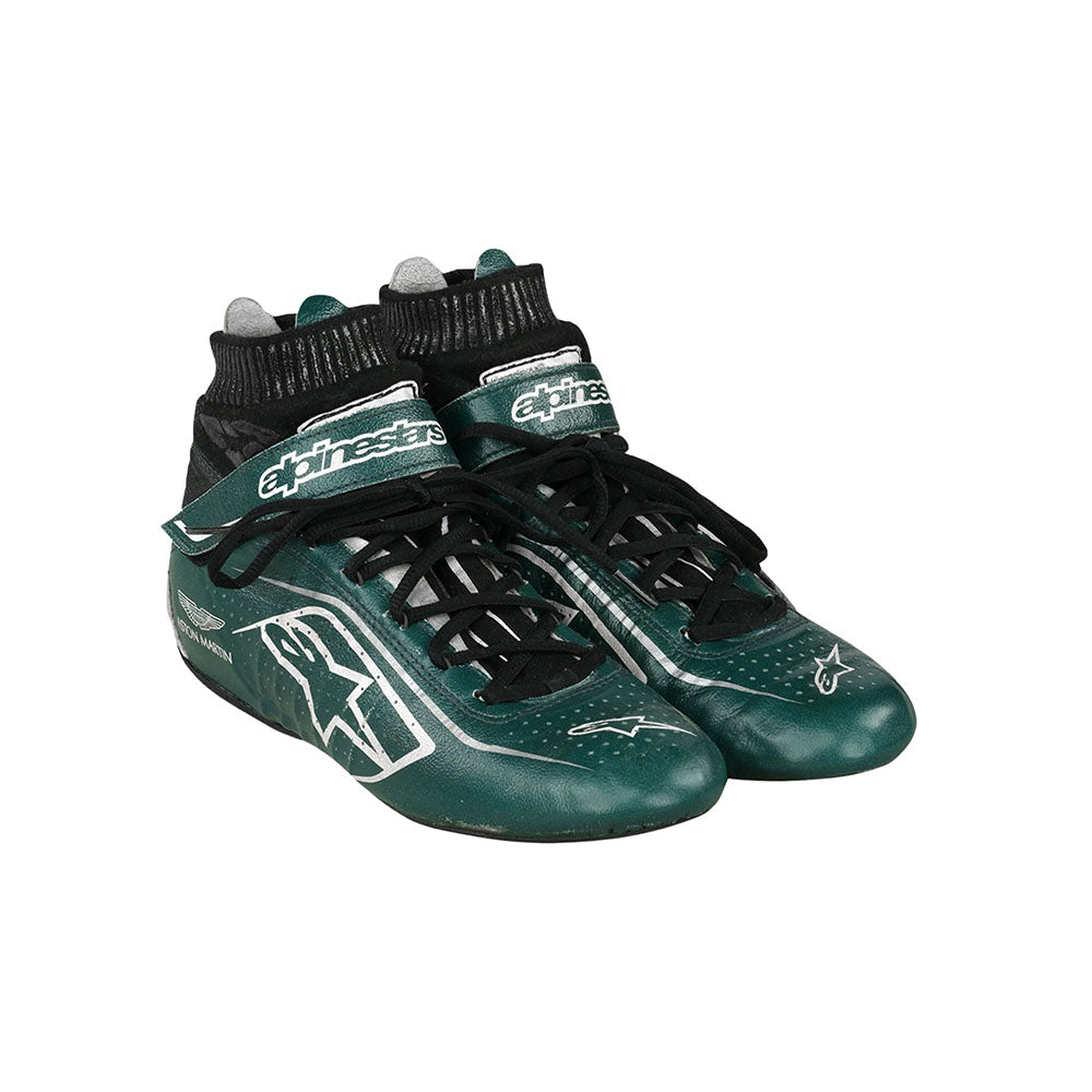 Green Lance Stroll 2021 F1 Racing shoes with black accents on a white background