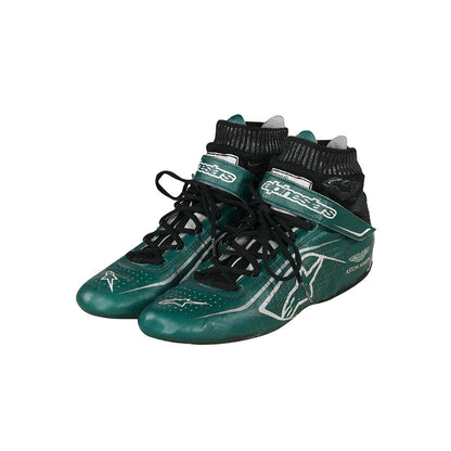 Pair of green high-top Lance Stroll 2021 F1 Racing sneakers with black laces on a white background