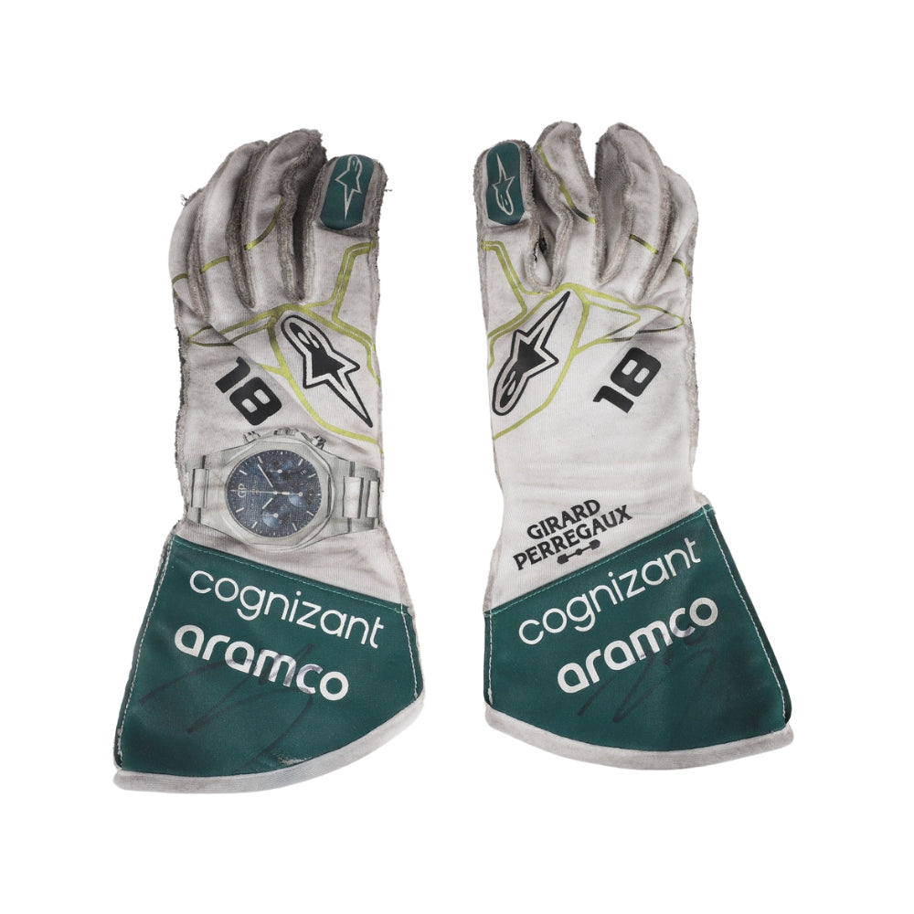 Pair of Lance Stroll 2022 Dutch GP F1 racing gloves with sponsor logos on a white background