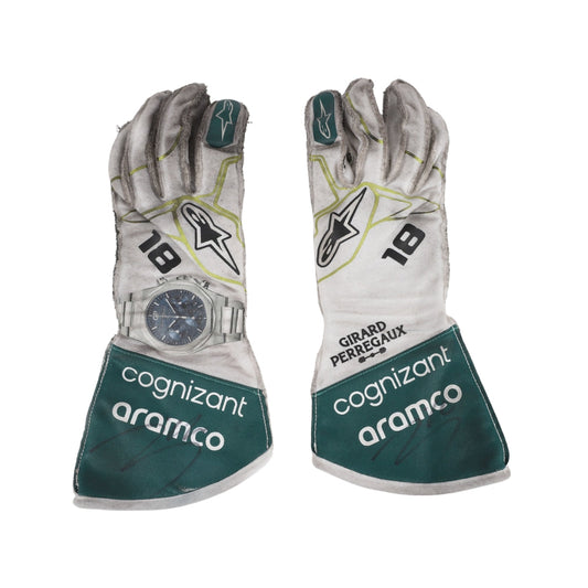 Pair of Lance Stroll 2022 Dutch GP F1 racing gloves with sponsor logos on a white background