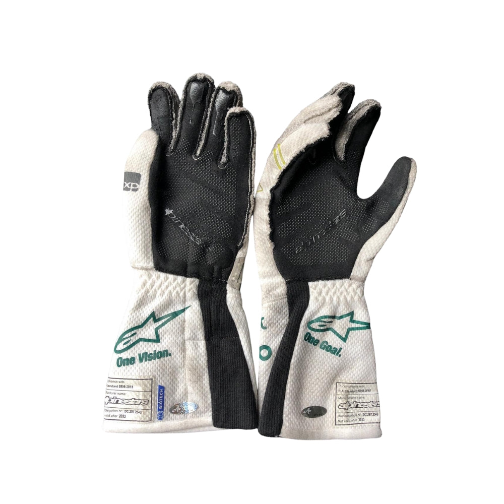 Pair of Lance Stroll 2023 Baku Worn F1 Racing Gloves, black and white with visible branding on a white background