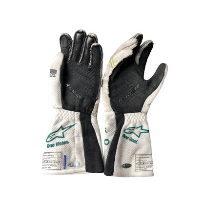 Pair of Lance Stroll 2023 Baku Worn F1 Racing Gloves, black and white with visible branding on a white background