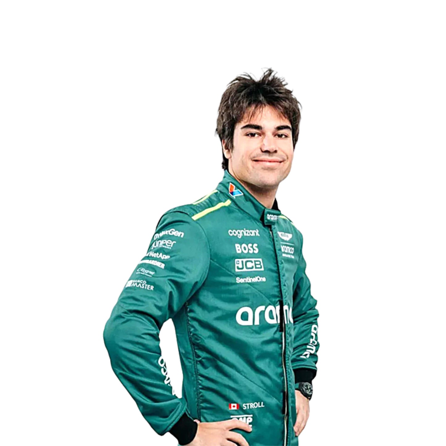 Right Side profile of Lance Stroll in his 2024 Formula 1 racing suit, displaying the ergonomic fit and the interplay of green and black fabrics, enhanced by sleek silver accents along the side seams.