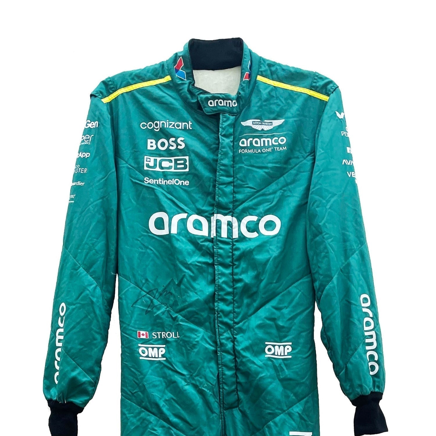 Close-up Front view of Lance Stroll's 2024 Formula 1 racing suit material, illustrating the high-quality fabric texture