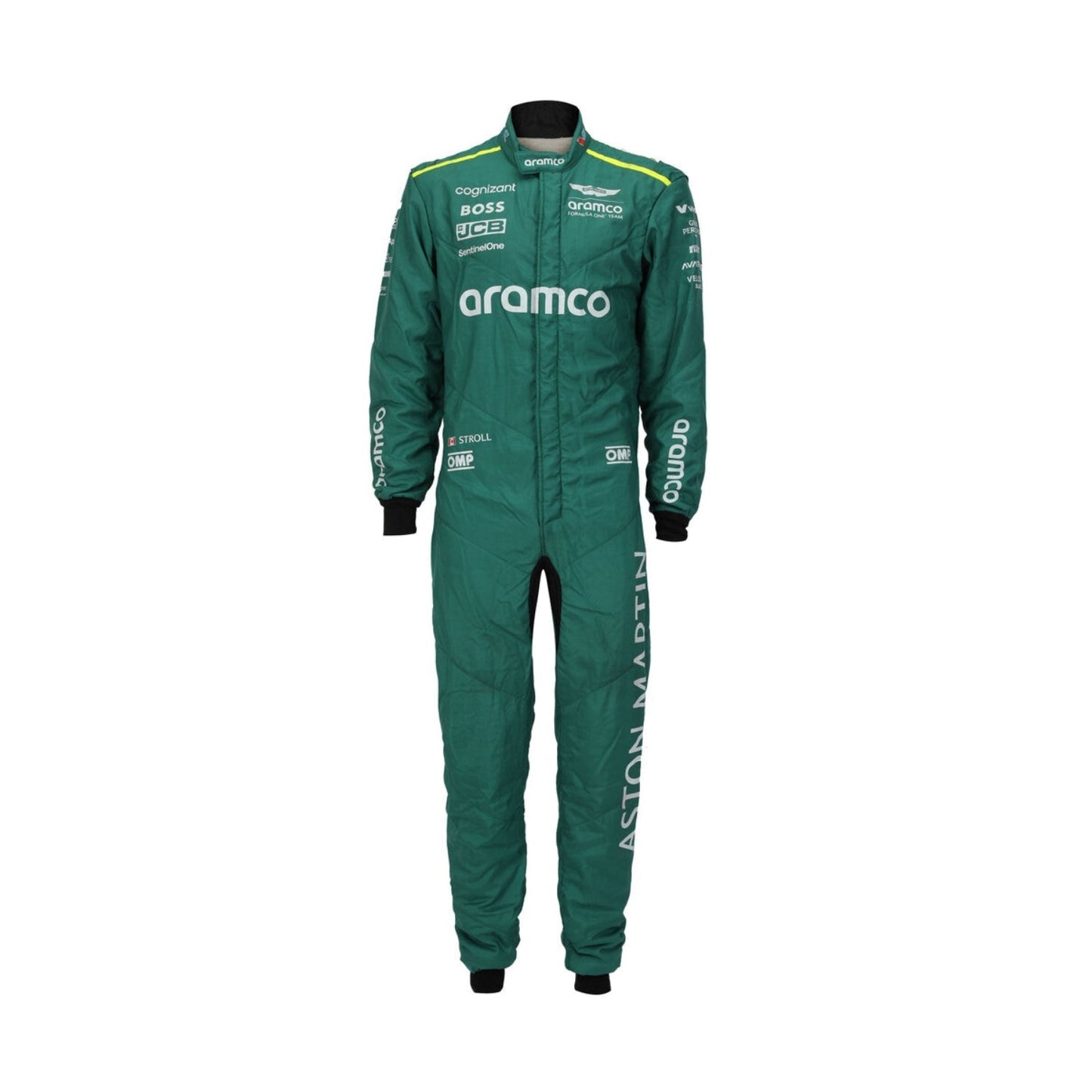 Lance Stroll standing confidently in his 2024 Formula 1 racing suit, front view showcasing a deep green base with contrasting black panels and subtle silver detailing along the chest and arms.