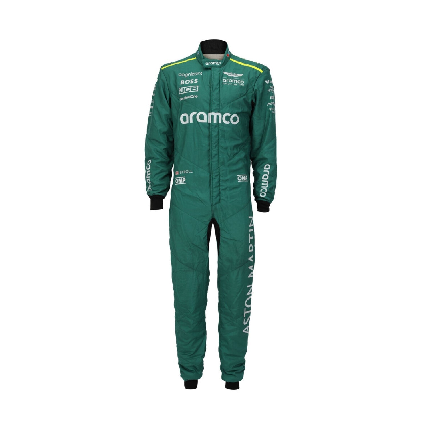 Lance Stroll standing confidently in his 2024 Formula 1 racing suit, front view showcasing a deep green base with contrasting black panels and subtle silver detailing along the chest and arms.