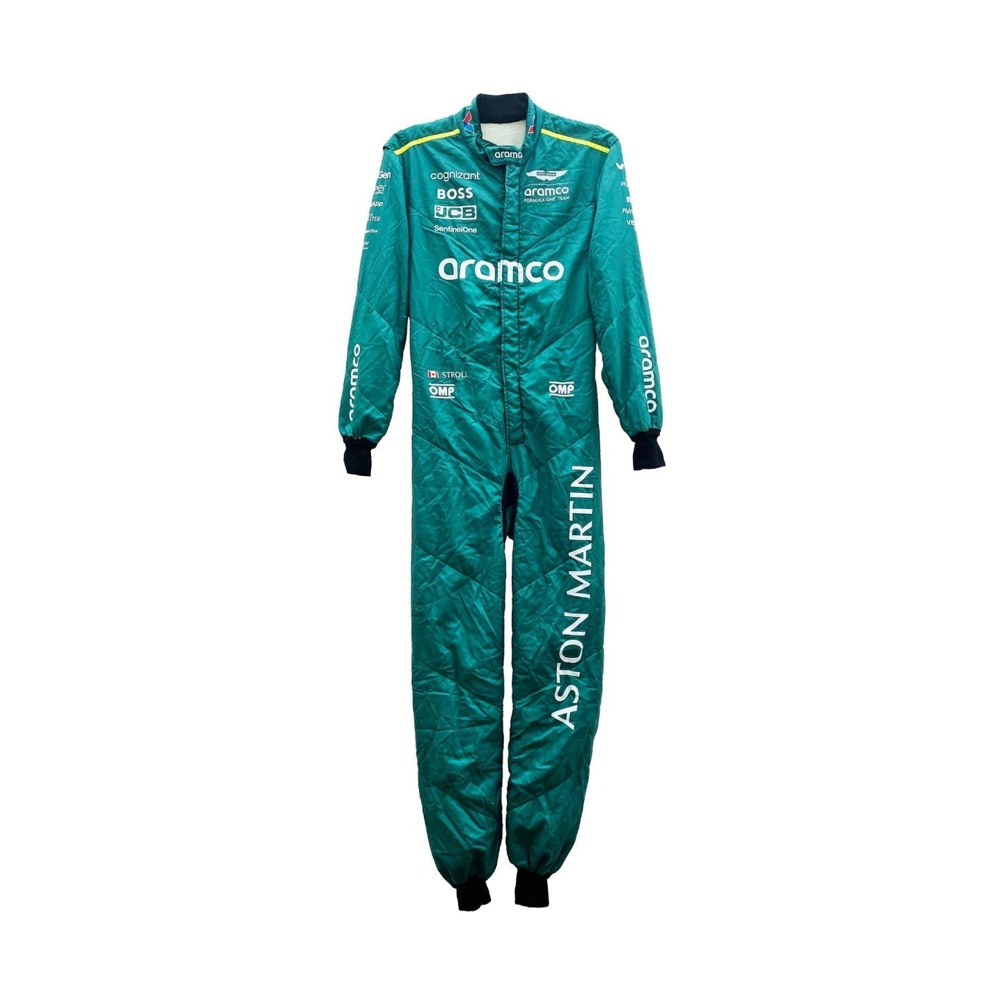 Lance Stroll 2024 Formula 1 racing suit, front view showcasing a deep green base with contrasting black panels