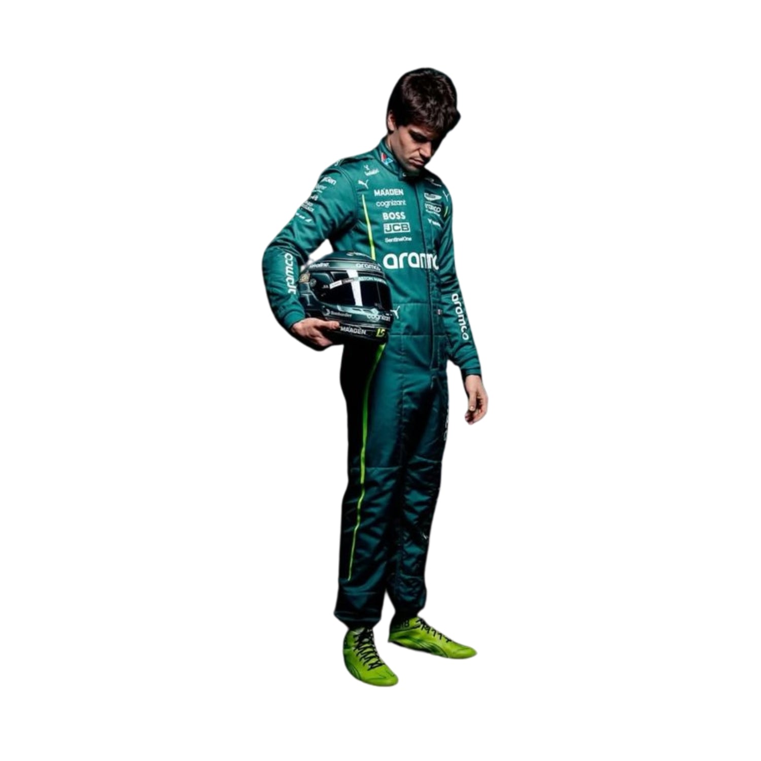 Side profile of Lance Stroll in his 2025 Formula 1 racing suit holding helmet, displaying the ergonomic fit and the interplay of dark green and black fabrics, enhanced by subtle detailing along the side seams.