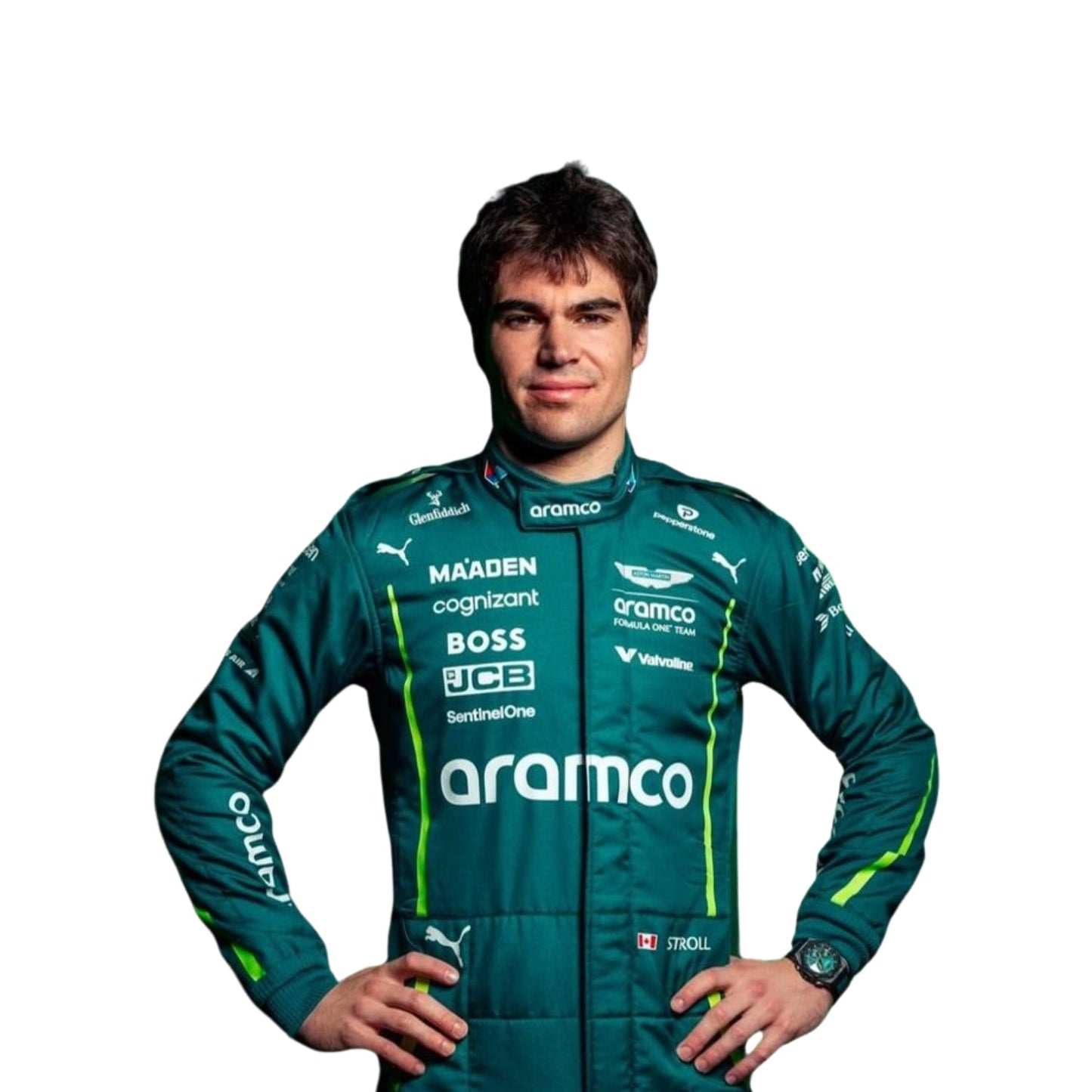 Front Close-up of Lance Stroll's 2025 Formula 1 racing suit material, illustrating the high-quality fabric texture 