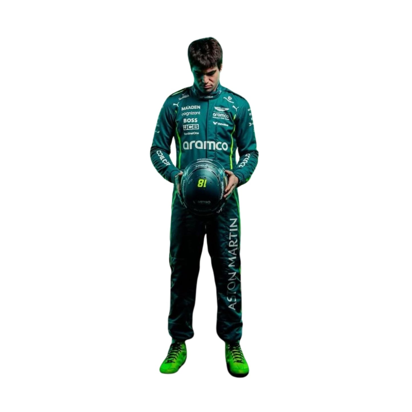 Lance Stroll standing confidently in his 2025 Formula 1 racing suit, front view showcasing a sleek dark green design with subtle black accents, featuring his race number 18 prominently displayed.