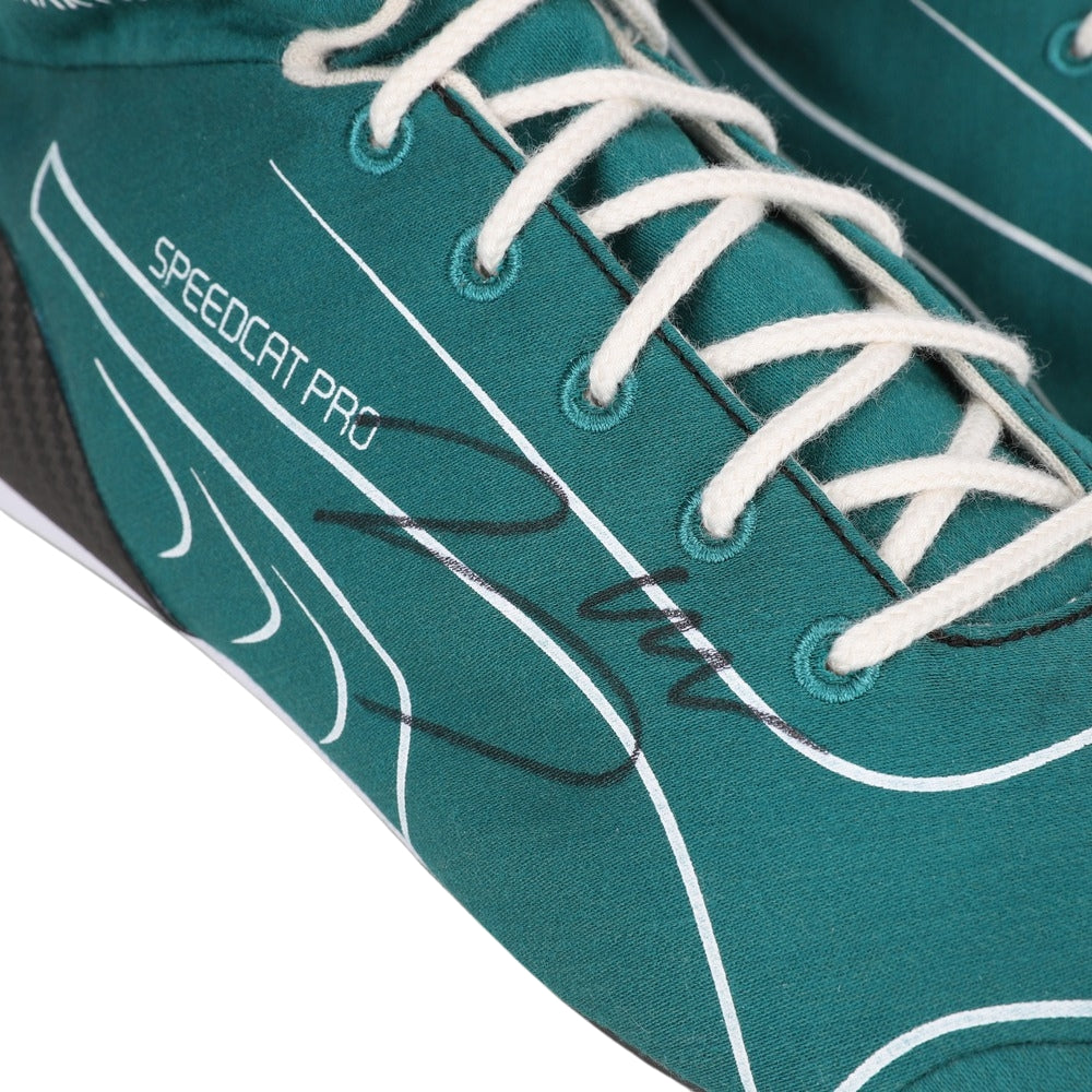 Teal Lance Stroll Dutch GP 2022 F1 racing shoe with white laces and 'Speedcat Pro' branding on a white background