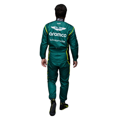 Back oF Lance Stroll 2026 F1 Racing Suit Team Aston Martin with Aramco and Honda logos on a white background