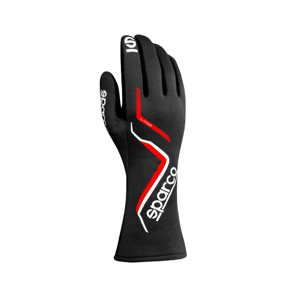 Black Land Sparco USA racing glove with red and white accents on a white background