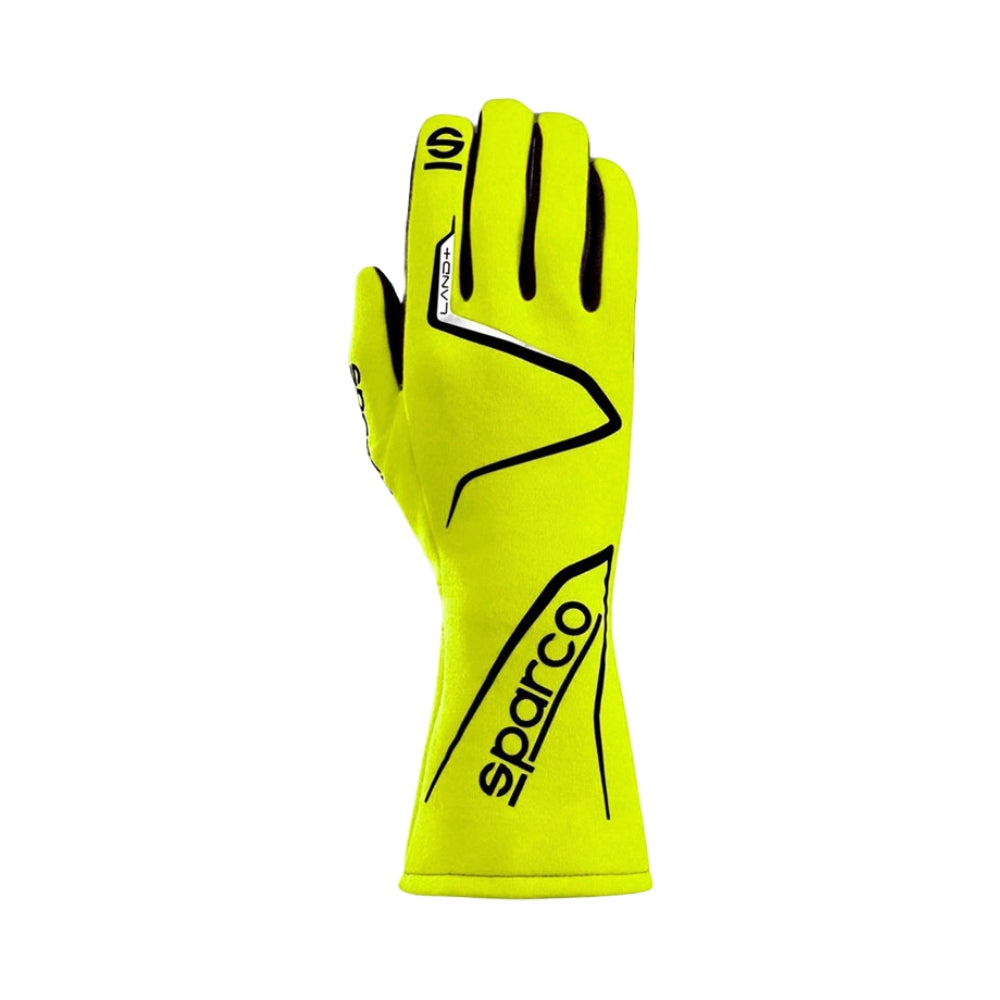 Yellow Land Sparco USA racing glove with black accents on a white background