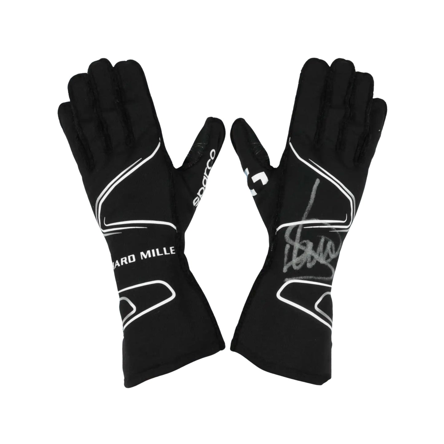 Black Lando Norris 2020 F1 racing gloves with white branding on a white background