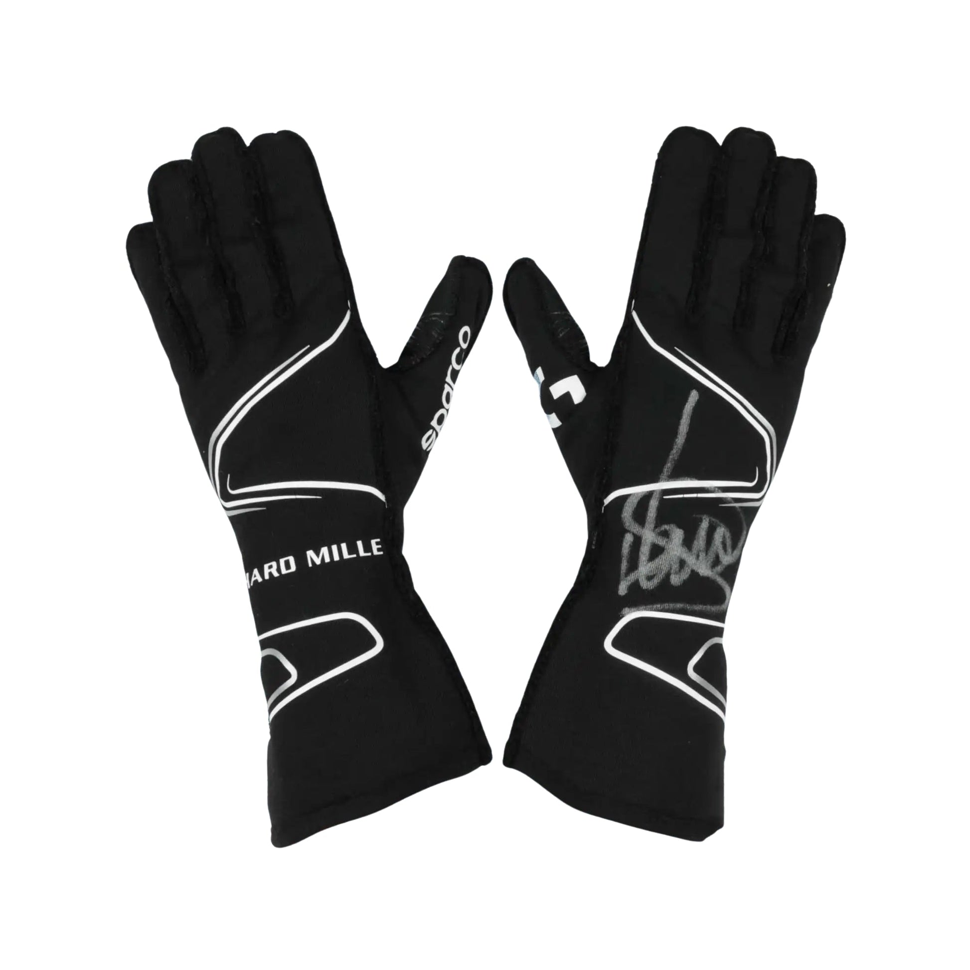 Black Lando Norris 2020 F1 racing gloves with white branding on a white background