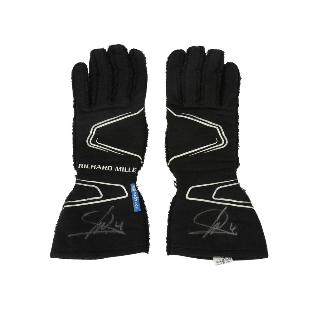 Pair of black Lando Norris 2023 F1 Racing gloves with visible branding on a white background