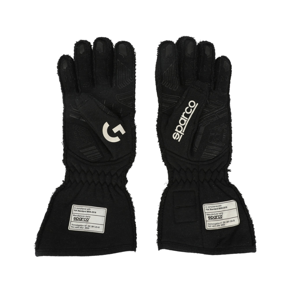 Pair of black Lando Norris 2023 F1 Racing gloves with Spacio branding on a white background